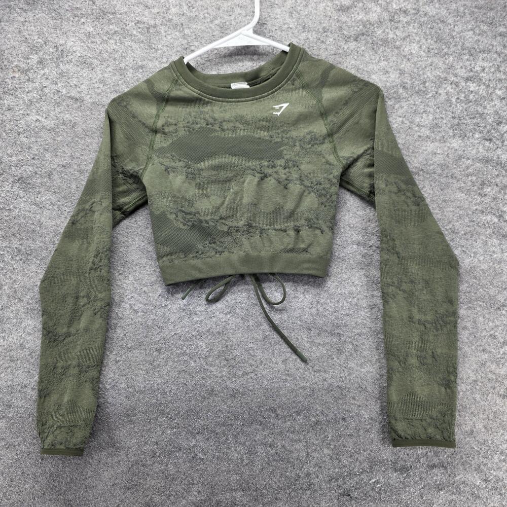 Gymshark T-Shirt Womens S Green Cropped Long Sleeve Crew Neck Adjustable Stretch